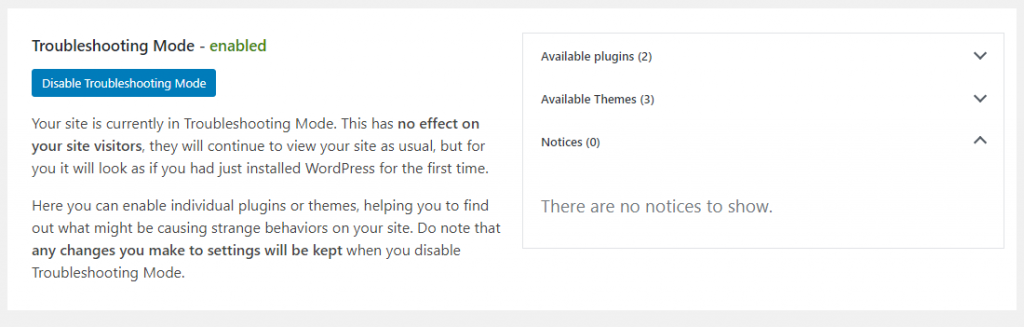 Troubleshooting Mode dashboard widget