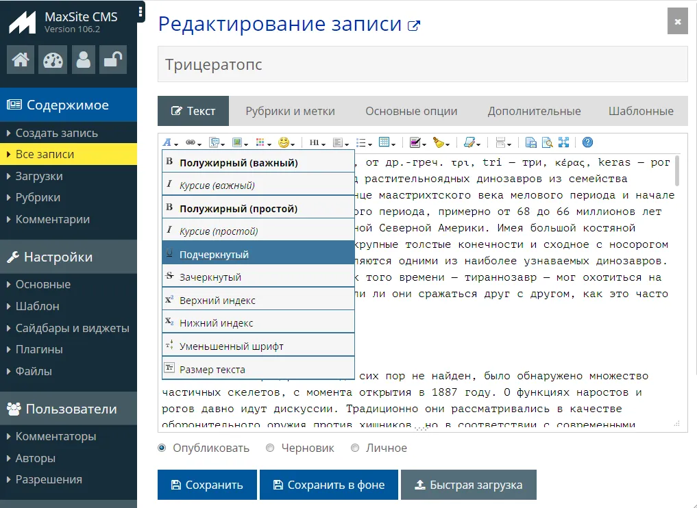 Текстовый редактор MaxSite CMS