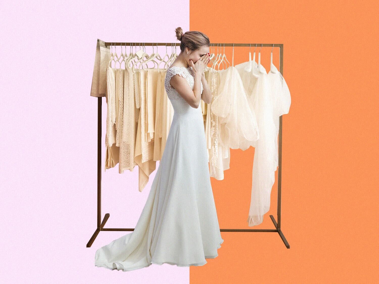 Woman standing beside a rail of wedding dresses graphic