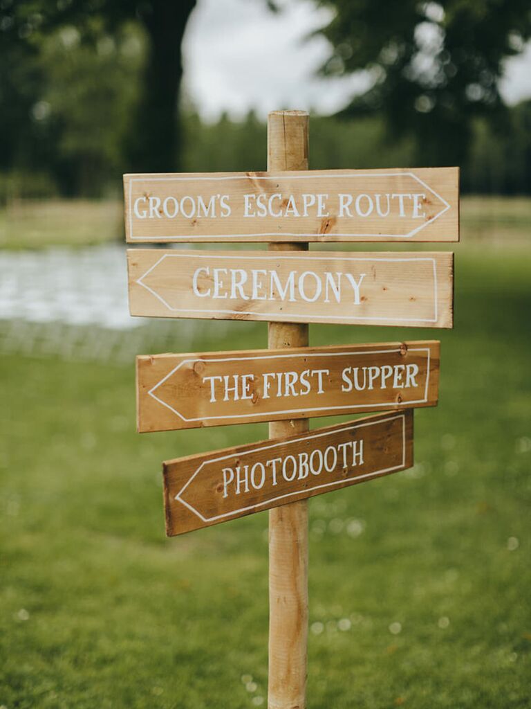 Simple wedding day sign with funny phrases - wedding details not to miss