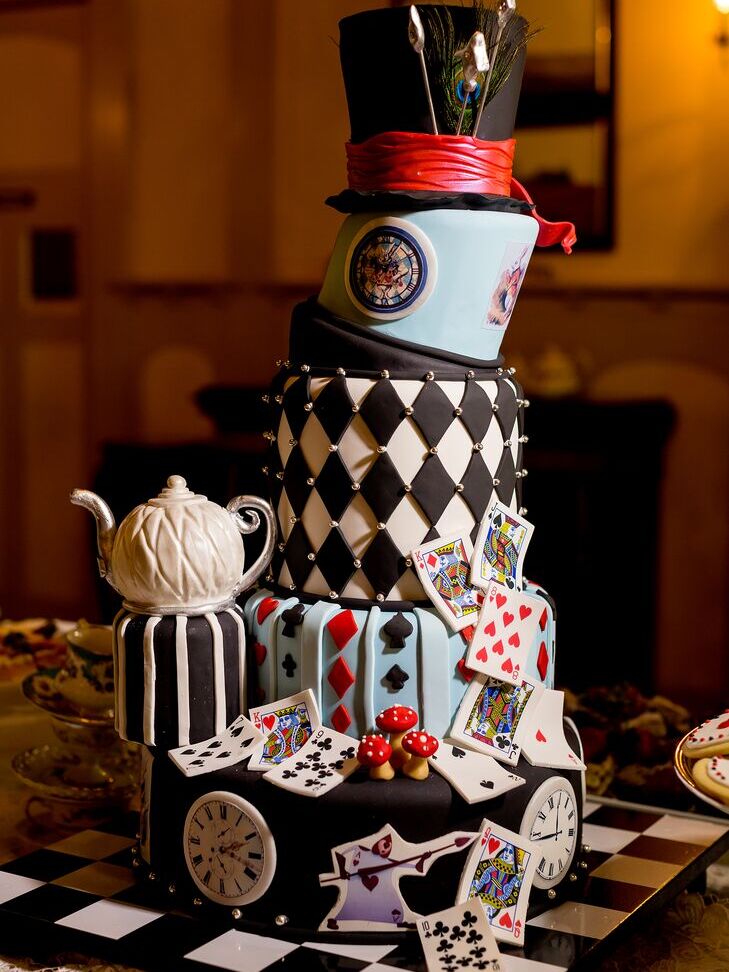 Mad Hatter wedding cake at a Halloween wedding