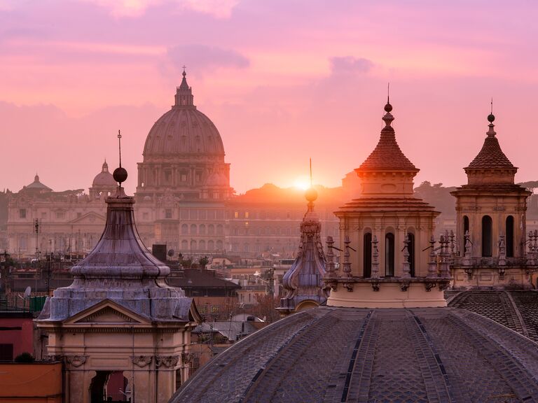 Domed roof tops of Santa Maria di Montesanto and Santa Maria dei Miracoli, from the Pincio, Rome, Italy