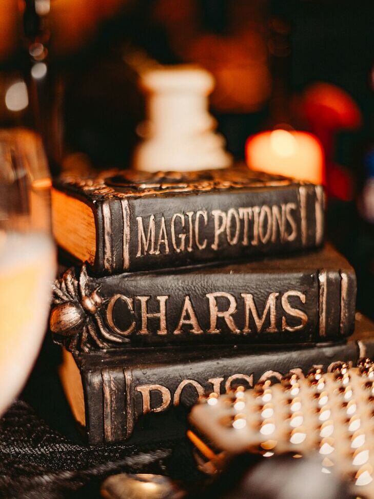 Spell book centerpieces at a Halloween wedding