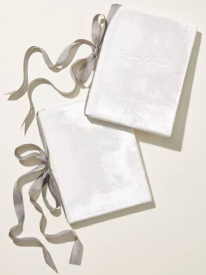 anthropologie silver velvet wedding vow books with silk ribbons