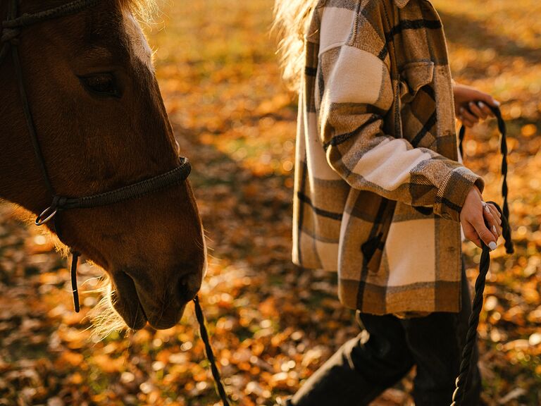 Woman leading horse during fall