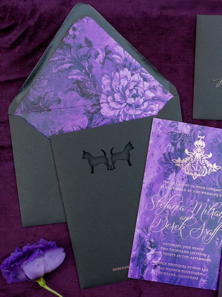 Purple and black Halloween wedding invitations