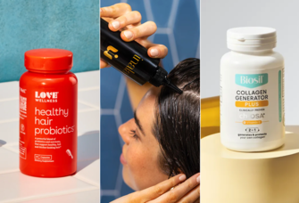 Collage of three hair growth products