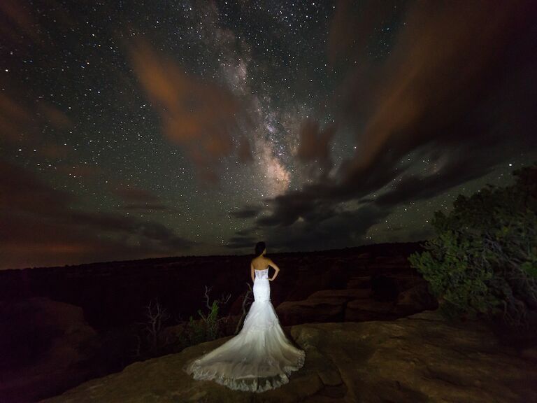 Woman in wedding dress at National Park.