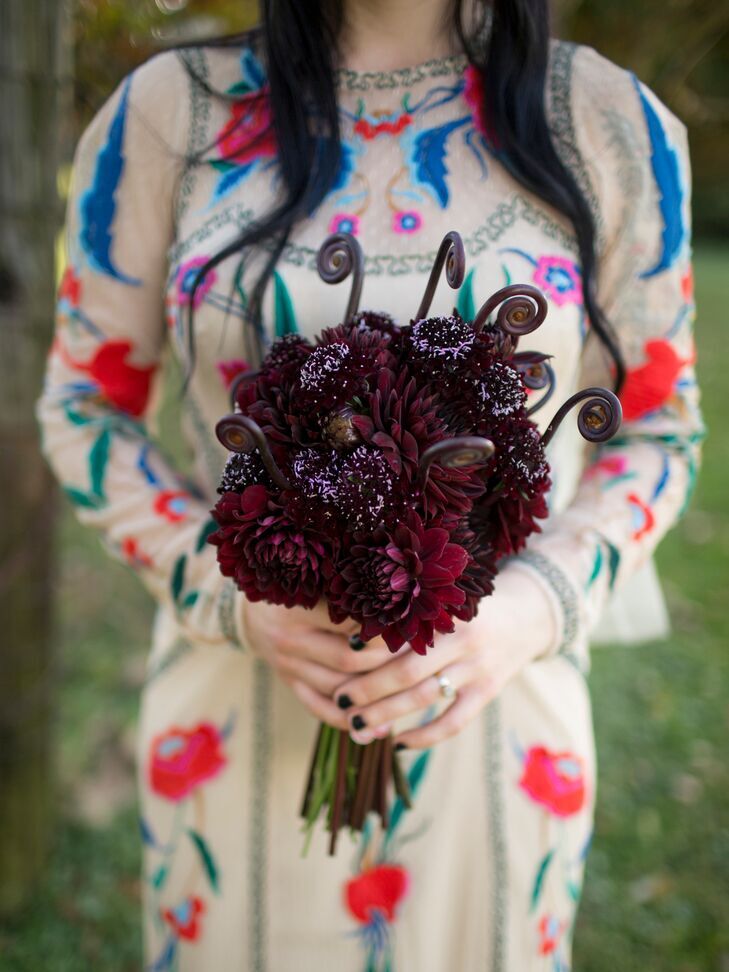 Purple wedding bouquet at a Halloween wedding