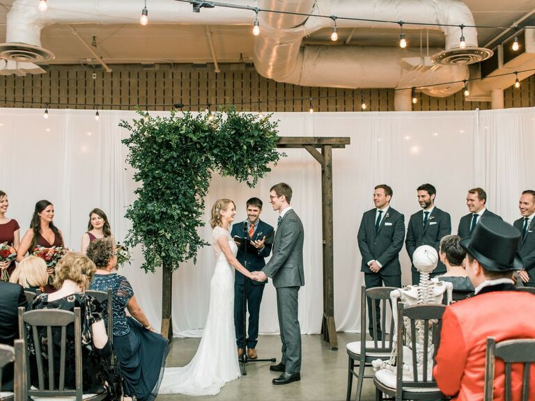 Skeleton guest at a Halloween wedding