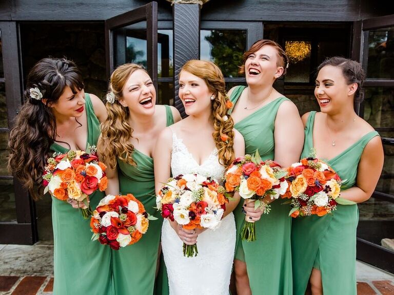 Bride and bridesmaids with hair and makeup done for the wedding day. 