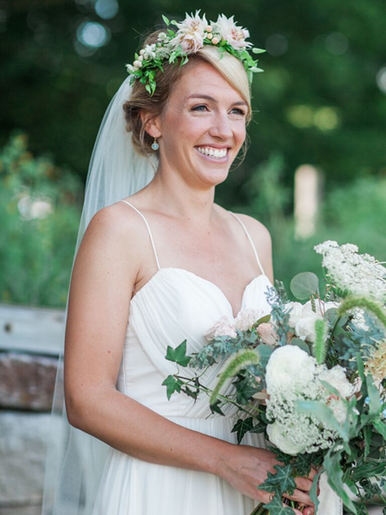 Blushing bride flower crown with a long wedding veil