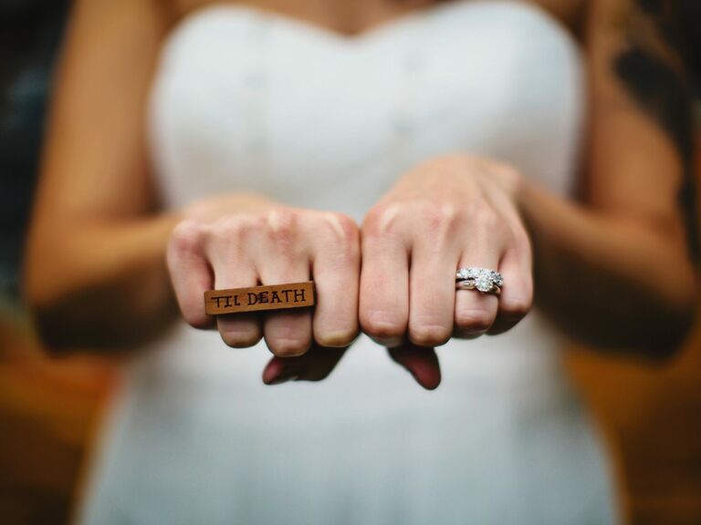 "'Til death" wooden ring at a Halloween wedding