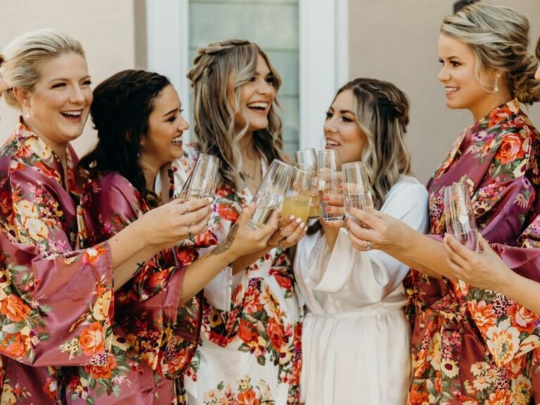 Brid and bridesmaids with their hair and makeup done for a wedding. 