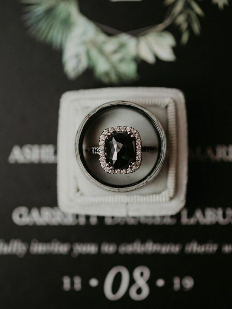 Black engagement ring at a Halloween wedding