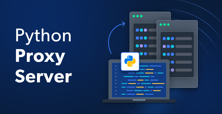 Python Proxy Server illustration with laptop and servers.