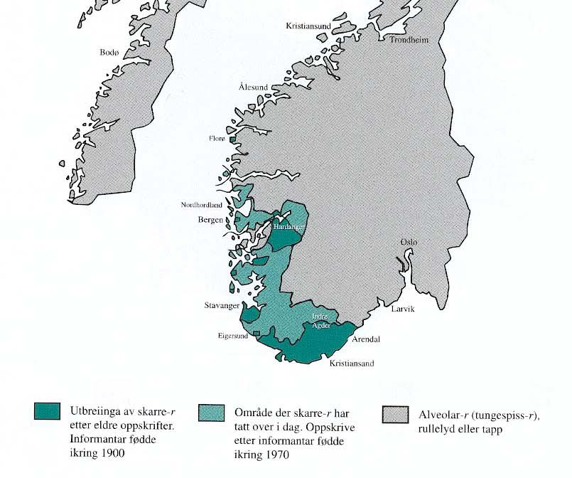 Kartet viser utbreiinga av skarre-r.