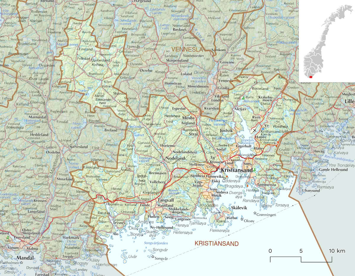 Kart over Kristiansand kommune