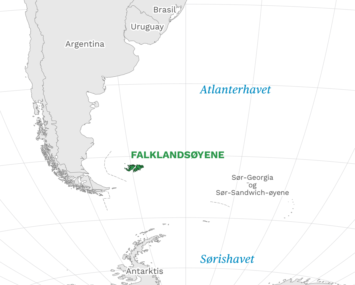 Plassering av Falklandsøyene med naboland rundt, kart