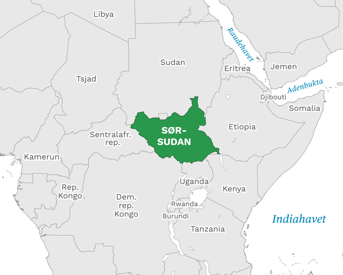 Plassering av Sør-Sudan med naboland rundt, kart