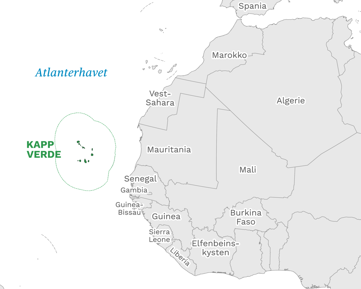 Plassering av Kapp Verde med naboland rundt, kart.