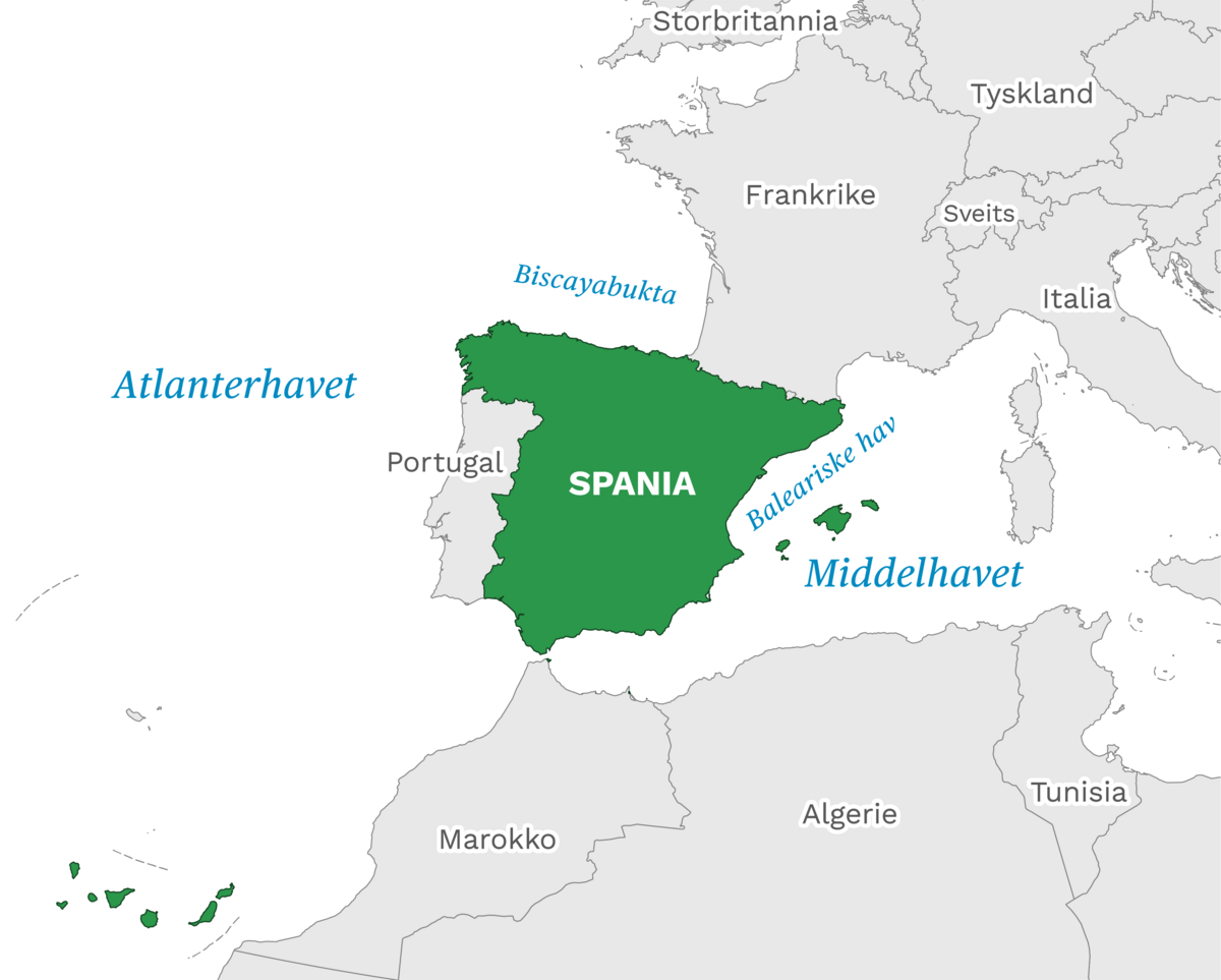 Plassering av Spania med naboland rundt, kart