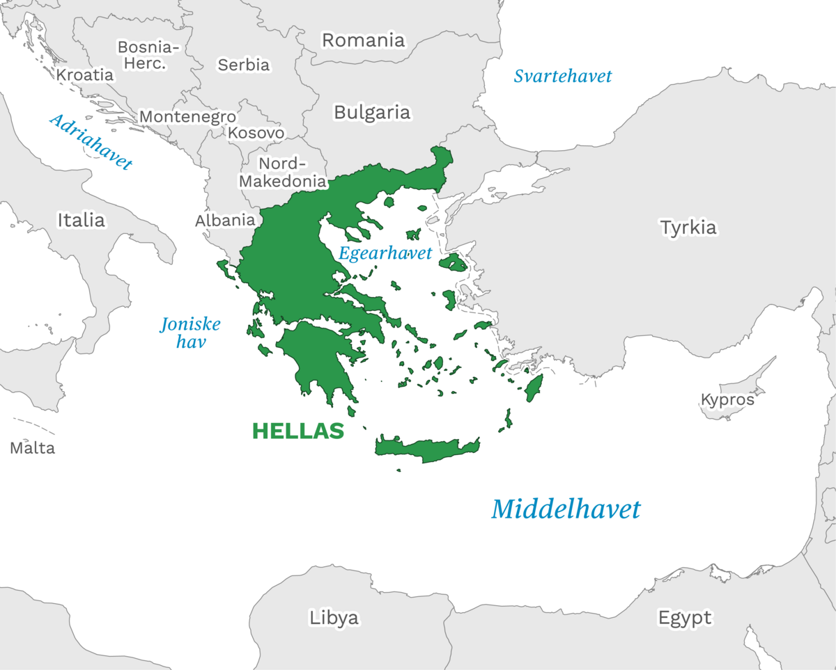 Plassering av Hellas med naboland rundt, kart