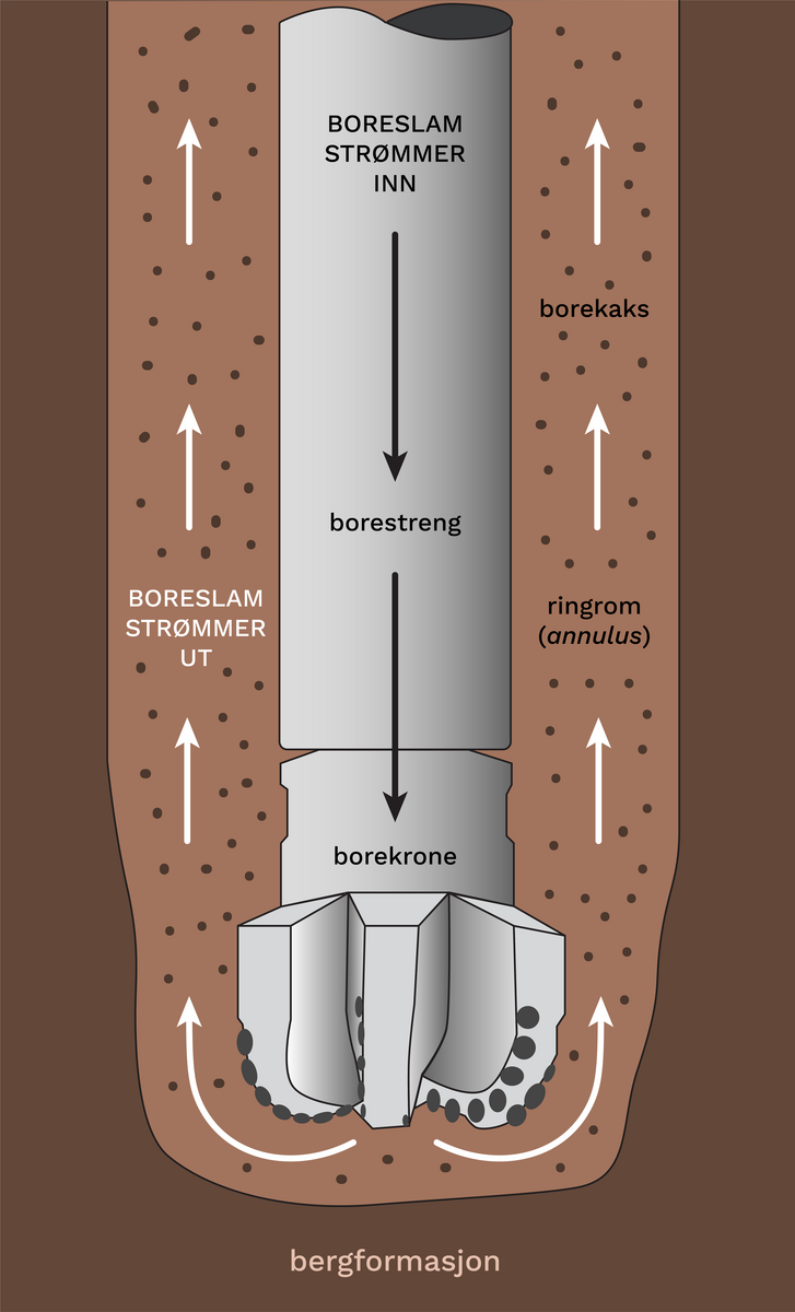 En borestreng borer en vertikal brønn i en bergformasjon. Rommet mellom strengen og brønnveggen kalles ringrommet eller annulus, og det inneholder borekaks. Sirkulasjon av boreslam er indikert med svarte nedadgående piler gjennom borestrengen og -kronen, deretter hvite oppadgående piler i ringrommet.