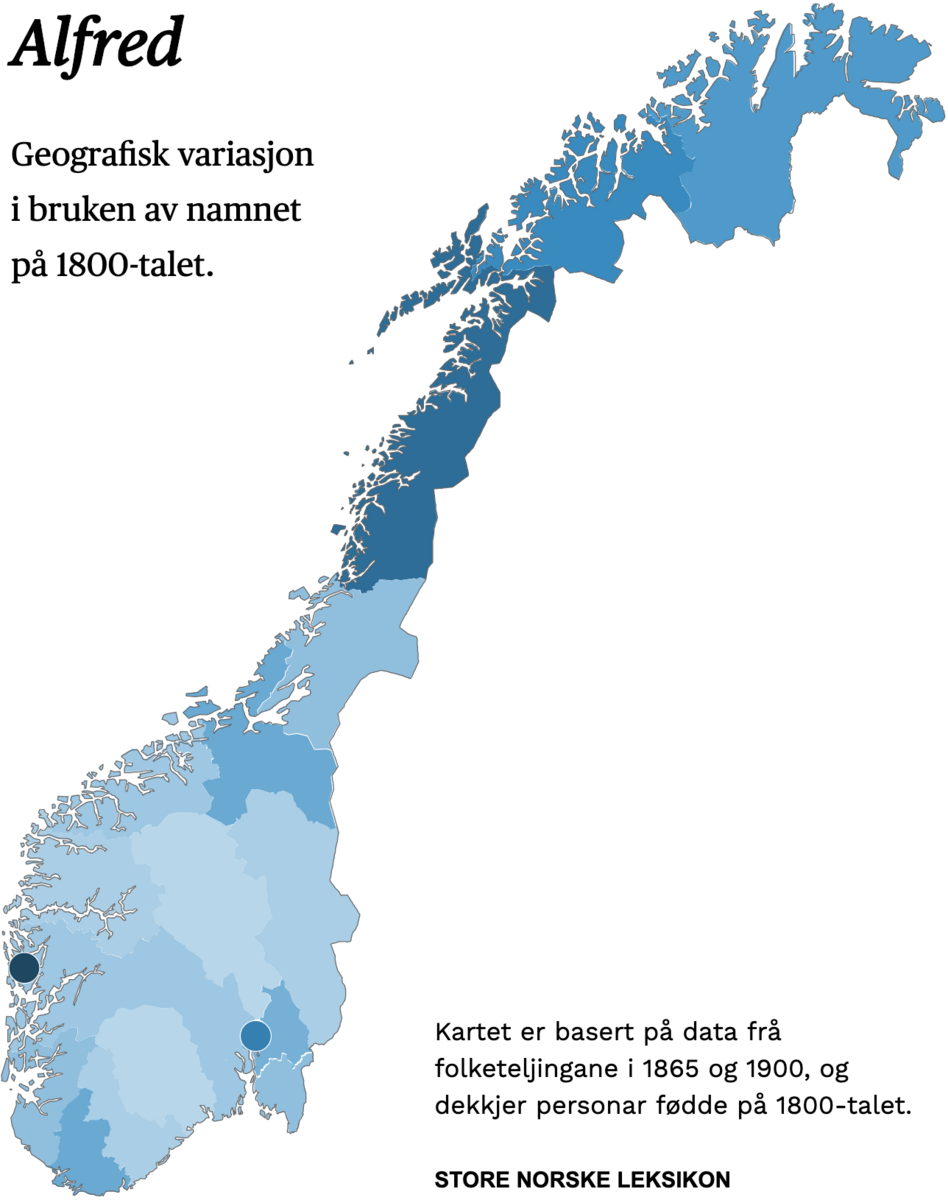 Geografisk variasjon i bruk av namnet Alfred på 1800-talet.