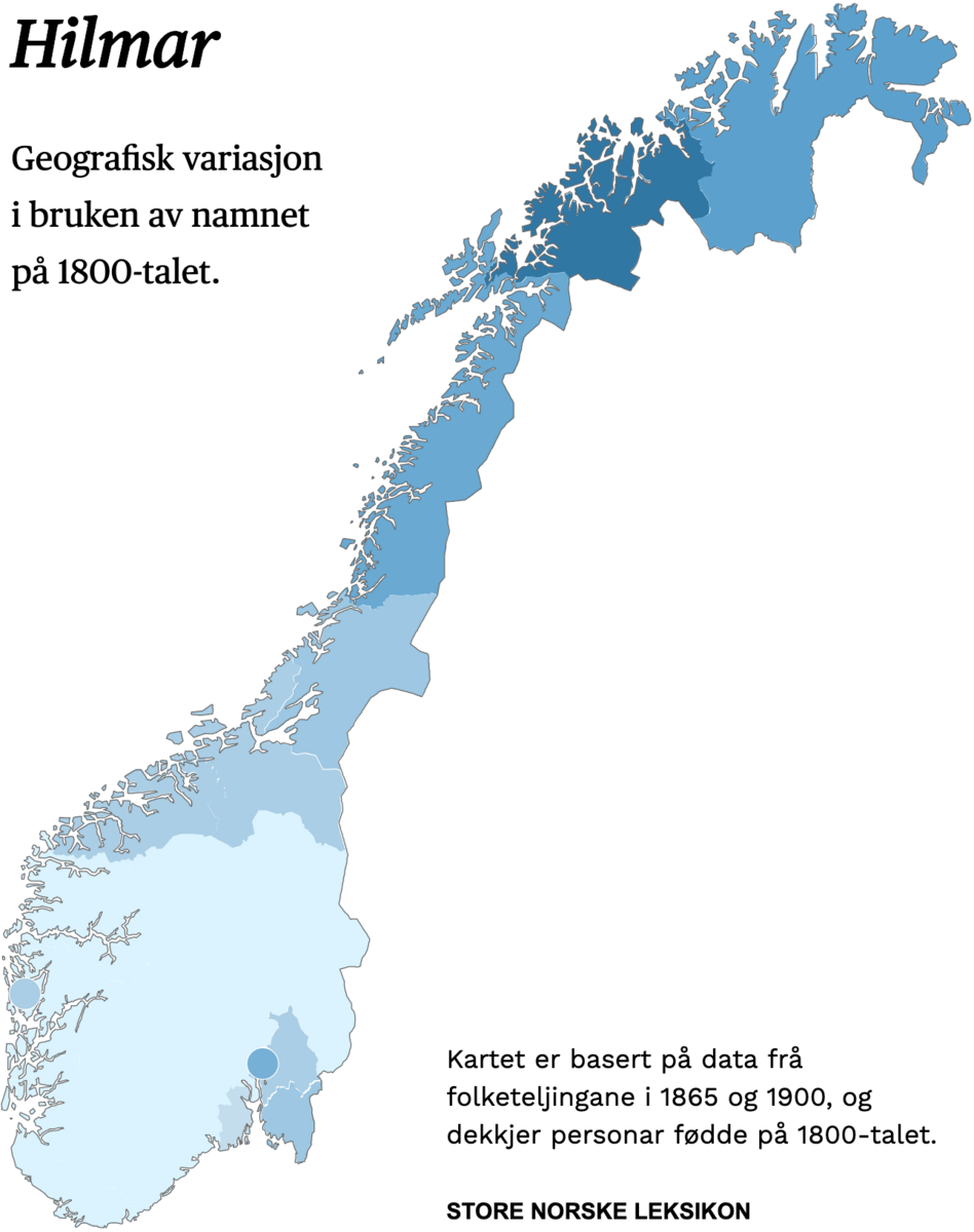 Geografisk variasjon i bruk av namnet Hilmar på 1800-talet.