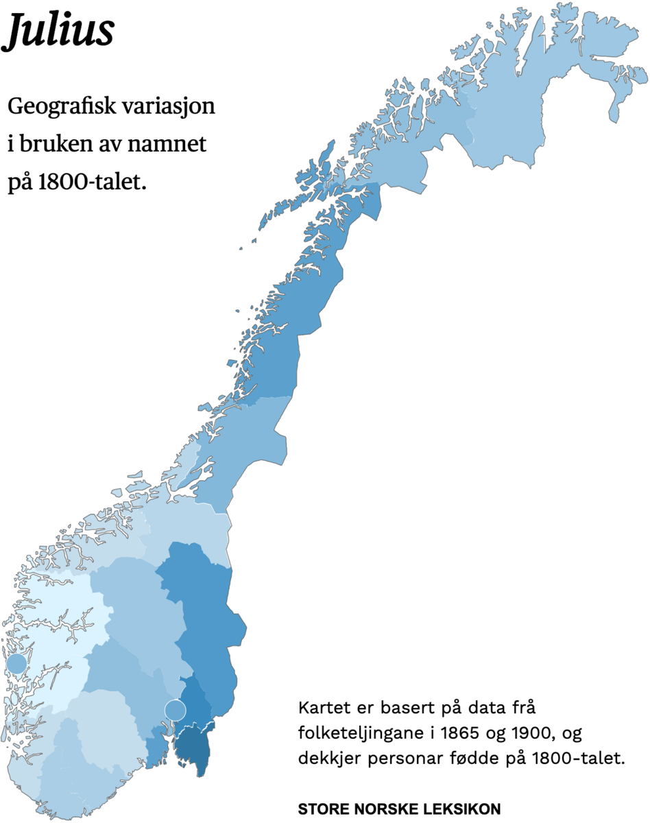 Geografisk variasjon i bruk av namnet Julius på 1800-talet.