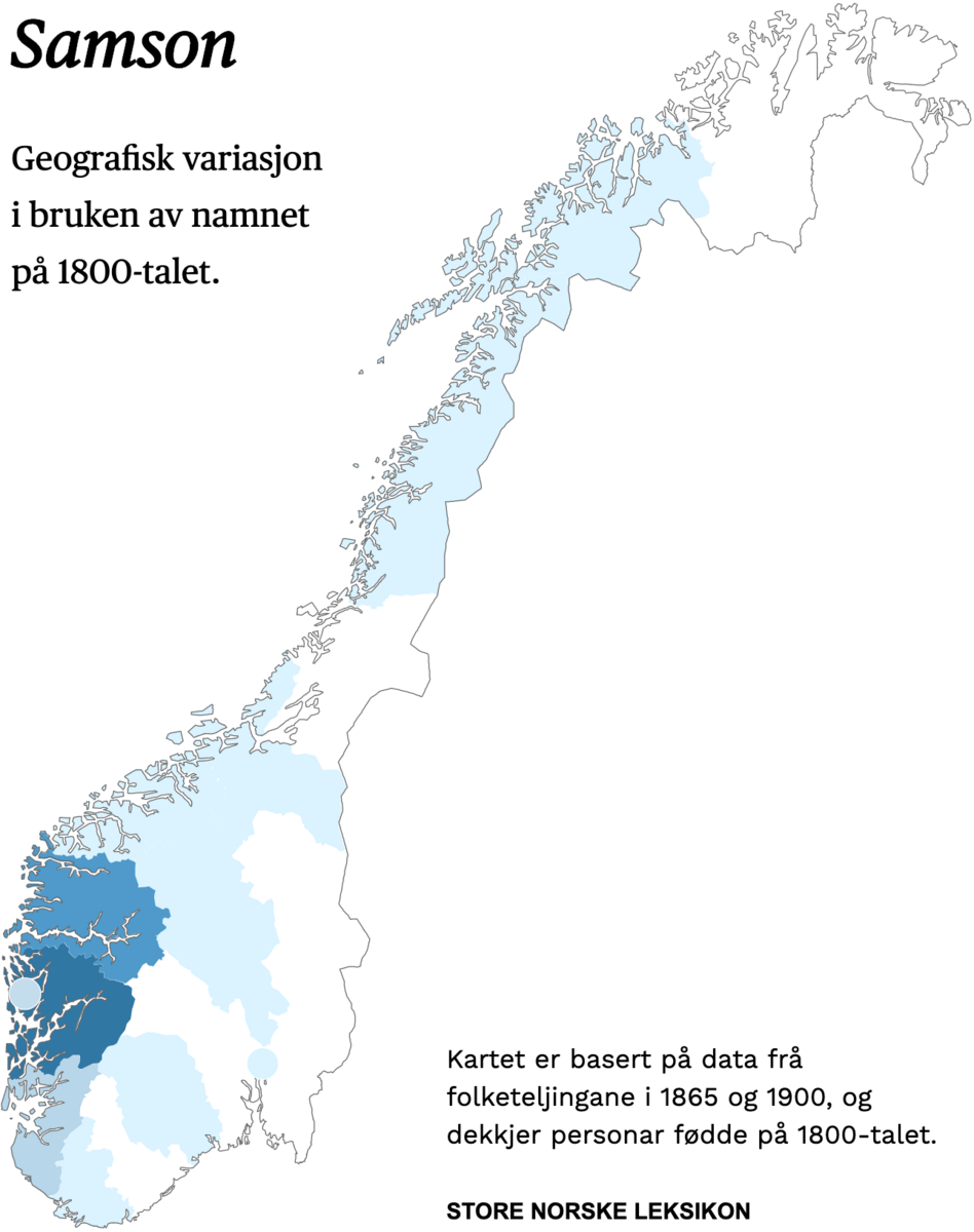 Geografisk variasjon i bruk av namnet Samson på 1800-talet.