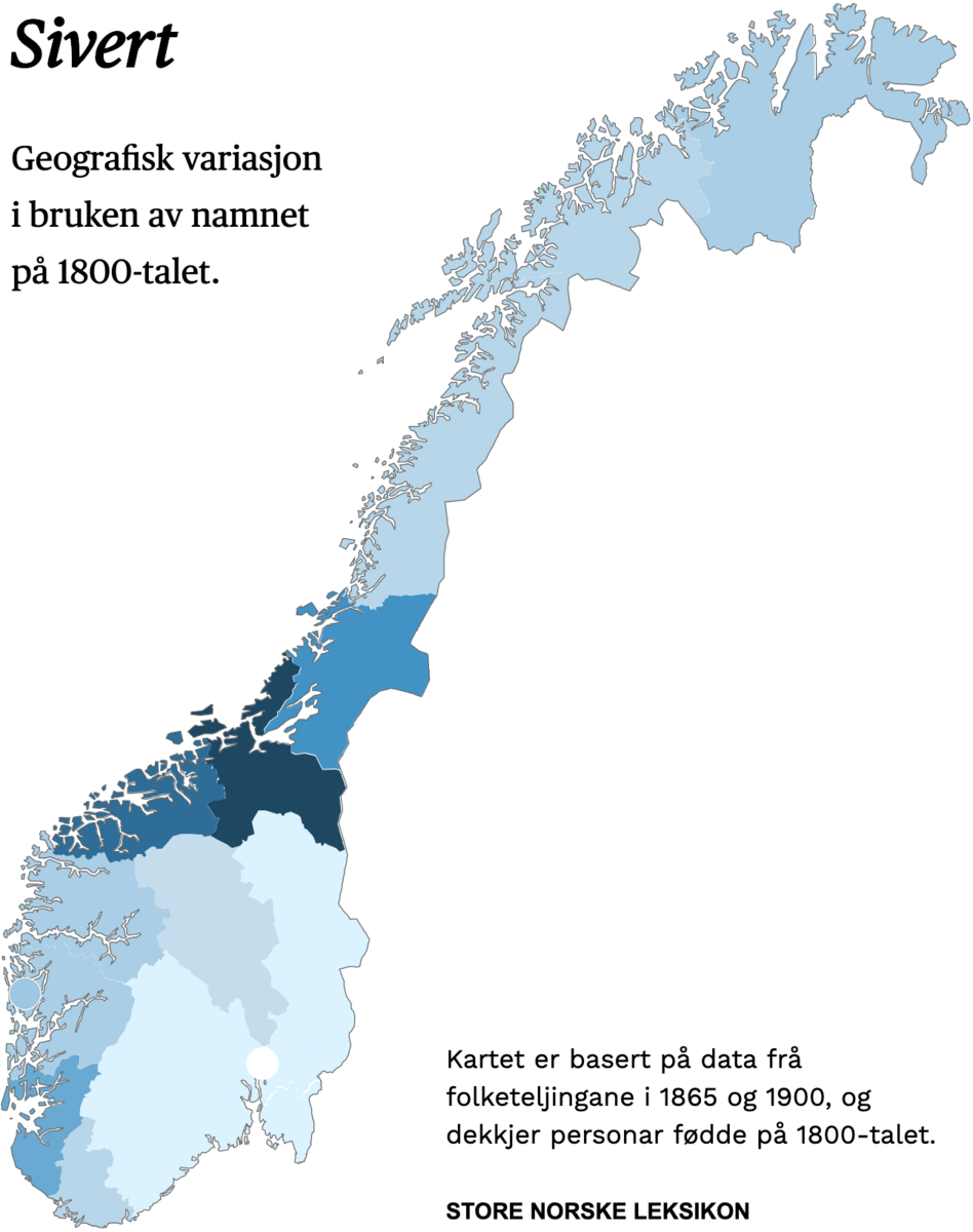 Geografisk variasjon i bruk av namnet Sivert på 1800-talet.