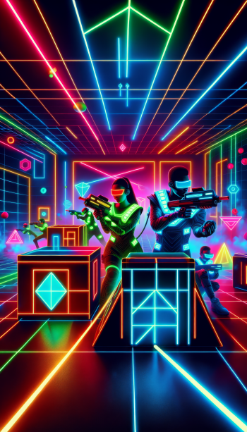 Vibrant laser tag themed phone wallpaper featuring players with neon gear in an action-packed arena.