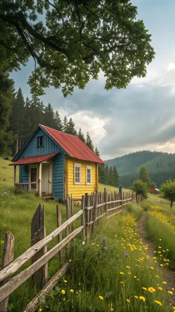 A rustic phone wallpaper featuring a vibrant blue and yellow cottage surrounded by a lush green landscape, a wooden fence, and a path lined with blooming wildflowers.