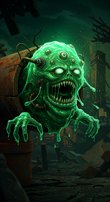 Phone wallpaper depicting a monstrous, glowing green slime creature with multiple eyes and sharp teeth, emerging from a pipe in a dark, horror-fantasy setting evoking anxiety.