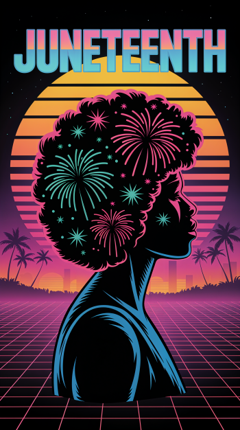 Phone wallpaper featuring a Juneteenth theme with a vibrant silhouette of a woman, fireworks in her hair, and a retro sunset backdrop, compatible with iPhones and Android devices.
