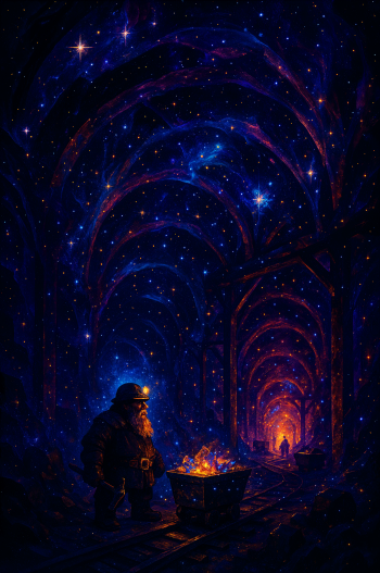 Phone wallpaper for iPhone & Android: starry, vault-like dwarven mine — a bearded dwarf tending a glowing forge in arched tunnels fading to distant fiery light.