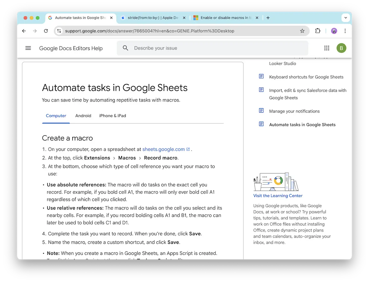 Screenshot of the Google Docs Editors Help screen with instructions showing how to create a macro.
