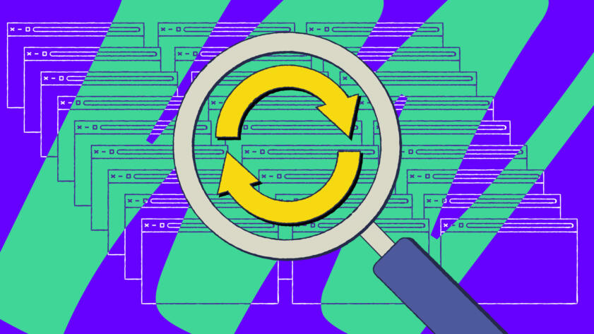 Illustration featuring a magnifying glass positioned over multiple browser windows with a green swoosh in the background; inside the magnifying glass are two looping arrows