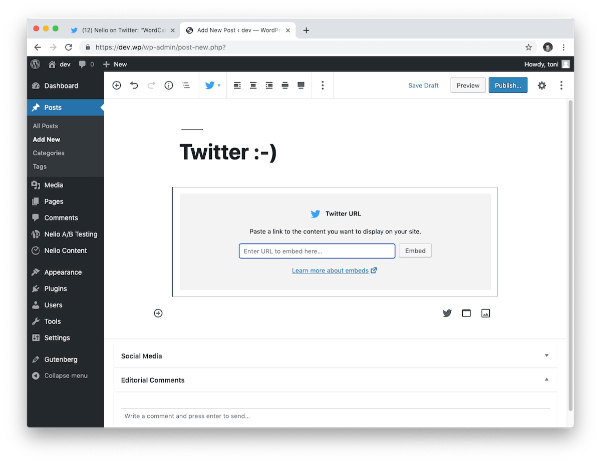 The Twitter block allows you to include a tweet by pasting its URL.