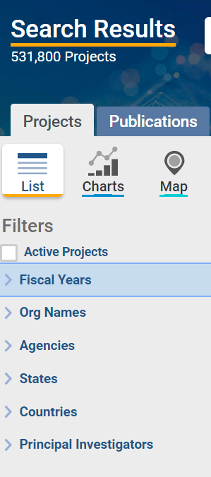 Figure 2 is a screenshot of the filter options that display after every search, including filters for active projects, fiscal years, funded organization names, agencies and NIH Institutes and Centers, states, countries, and principal investigators. 