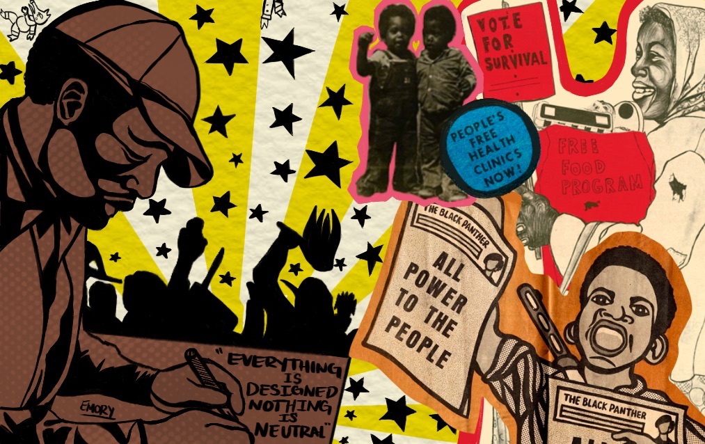 Collage of Black Panther Party drawings and photos.