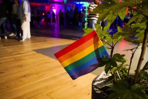 A small rainbow flag is planted in a potted plant in the foreground, with people mingling in the background in a venue illuminated by multicolored lights.