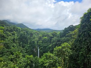 A lush green forested landscape with a tall waterfall cascading down into a hidden basin. The sky above is partly cloudy with patches of blue peeking through
