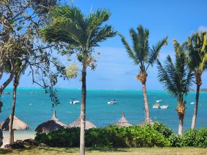 Beautiful beach with palm trees and boats in the blue waters.
