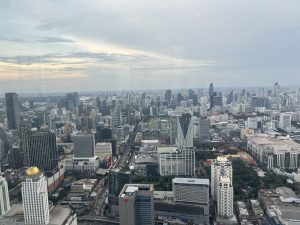 A panoramic view of a bustling city skyline from the vantage point of a high-rise building