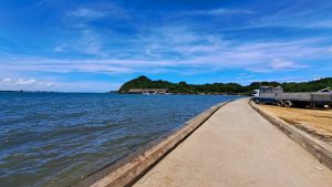 A scenic view of a calm body of water with a concrete walkway alongside it. In the foreground, the walkway stretches out towards the horizon, while a blue and white truck is parked at the edge.