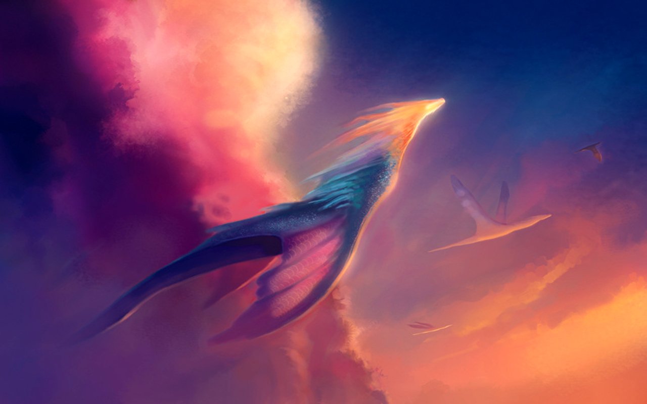 A vibrant fantasy scene featuring a dragon soaring through colorful clouds, bathed in warm sunset hues, embodying the magic of an ethereal sky.