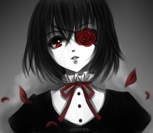 Anime-style portrait from Another featuring a pale girl with black hair, red eyes, and a red rose covering one eye, with rose petals floating around her.